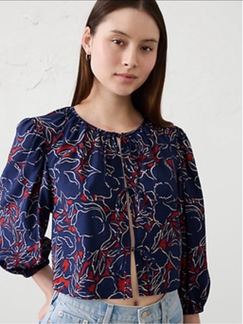 Banana Republic Navy Floral Peasant Blouse with Red Accents